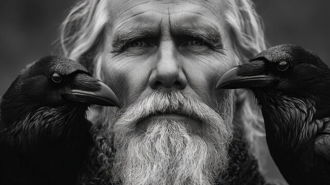 A wise old man with a long white beard and two ravens in black and white
