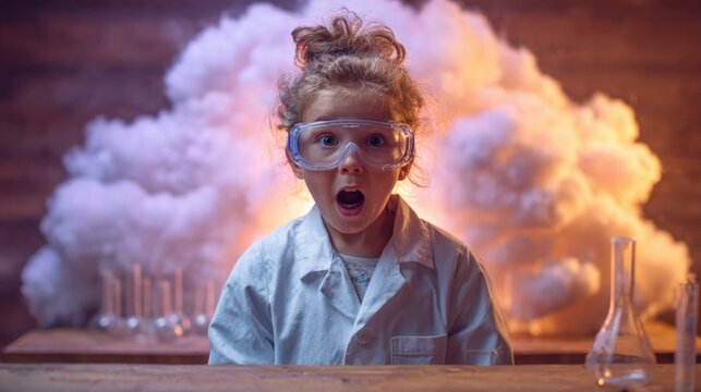 Young girl in lab coat and goggles reacts to science experiment
