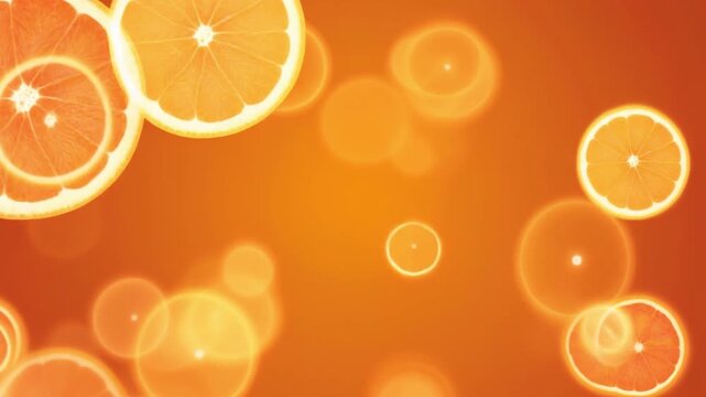Abstract Fresh Orange Citrus Slices Floating with Glowing Bokeh Background