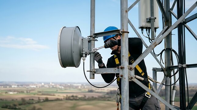 Technician repairing cellular antenna on telecommunication tower