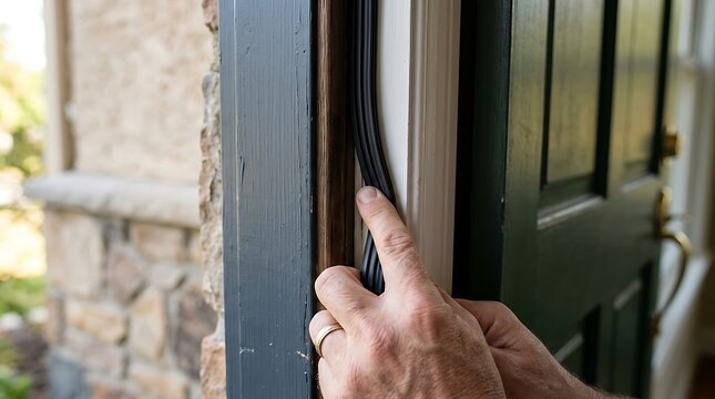 Man installing weatherstripping on an exterior front door