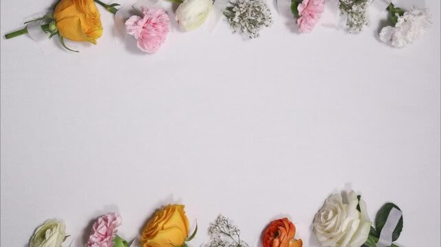 Elegant floral border on white background, colorful spring flower frame with roses and carnations, romantic botanical flat lay with copy space
