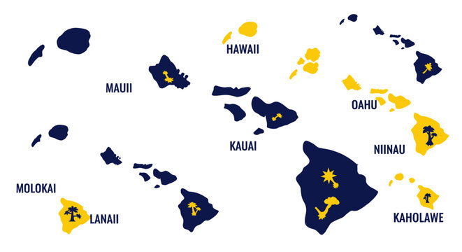 Hawaiian islands map collection with labels and decorative icons