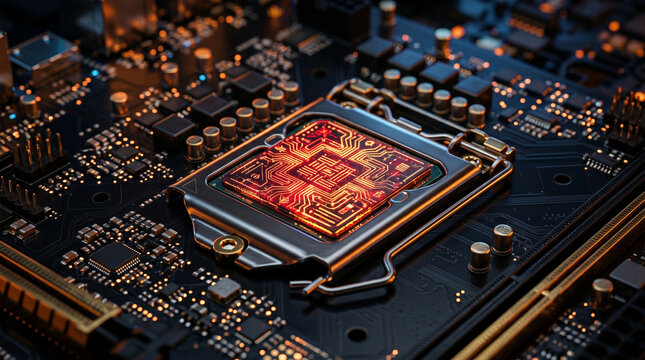 Close-up of a computer microchip on a circuit board with glowing electronic components