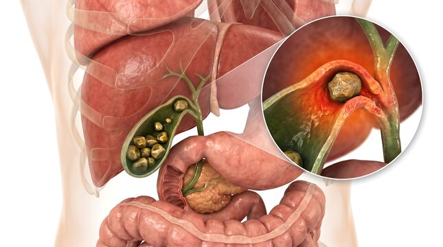 Scientific illustrations detailing human anatomy with translucent organs and problematic gallstones in the gallbladder