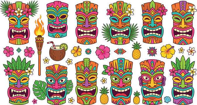 Hawaiian tiki mask vector icon set featuring colorful tribal wooden faces torch coconut cocktail hibiscus flowers pineapple palm leaves and tropical luau party elements.