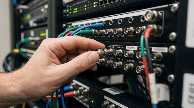 Technician connecting a coaxial BNC cable into a professional rack mounted patch panel for broadcast video signal transmission and network infrastructure maintenance