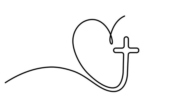 Animated self drawing of Continuous single line drawing of a heart shape with a christian cross symbol inside. Full length one line animation. 4K video