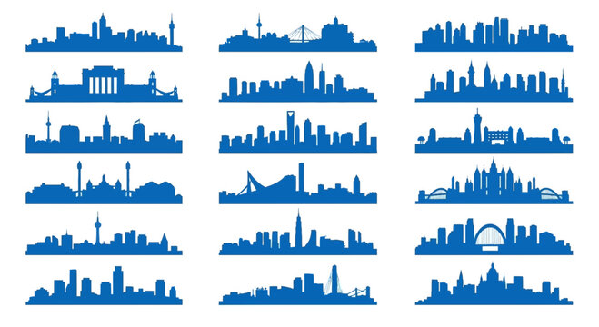 Collection of blue city skyline silhouettes with iconic landmarks and bridges