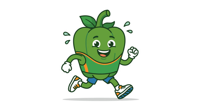 Energetic green bell pepper character running for fitness