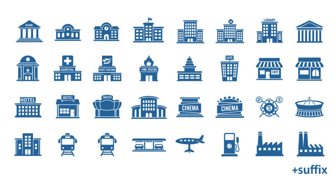 Collection of blue line art icons representing various city buildings and transportation modes