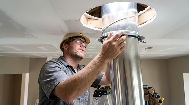 Construction worker installing ventilation pipe in a ceiling