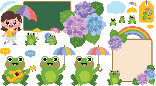 Cute cartoon frog illustration set with hydrangea flowers and girl holding a colorful umbrella