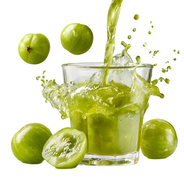 Fresh amla juice pouring into a clear glass with vibrant green gooseberries splashing and floating around in a dynamic liquid motion against a clean isolated white background for marketing.