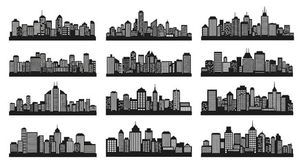 Obraz premium Collection of minimalist city skyline silhouettes in monochrome tones