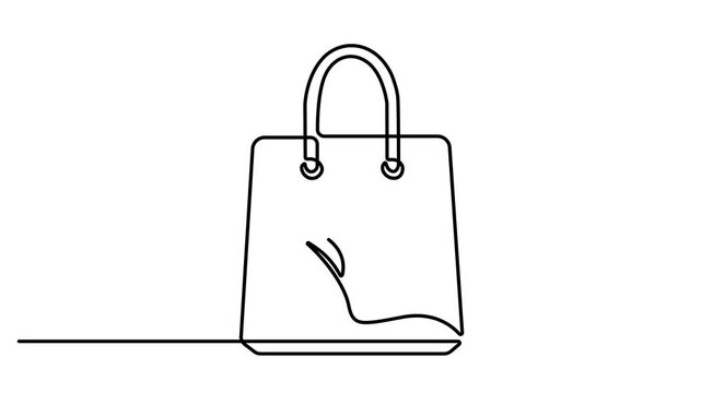 Animated self drawing of Eco friendly shopping bag with leaf symbol drawn in a continuous single line art style. Full length one line animation. 4K video