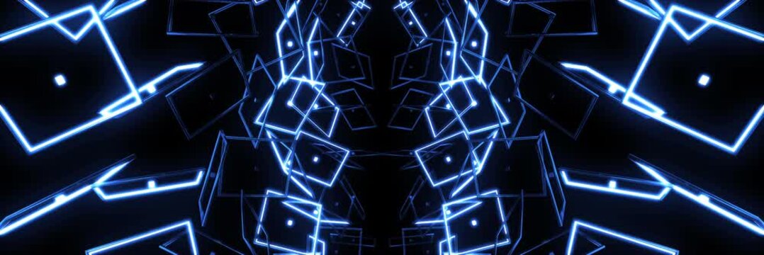 Abstract Cyber Neon Blue Cube Orbit VJ Loop, Ultra Wide Symmetrical Tech Visuals