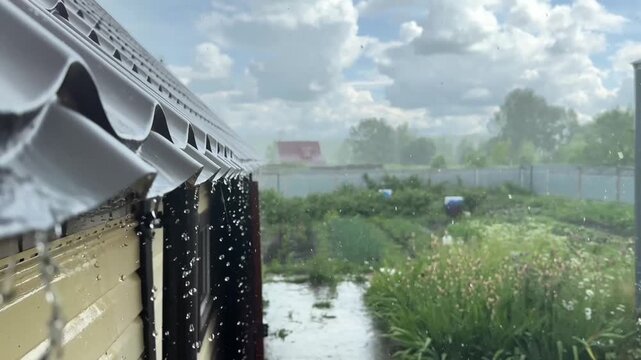 It's raining in the summer, raindrops are running down the roof