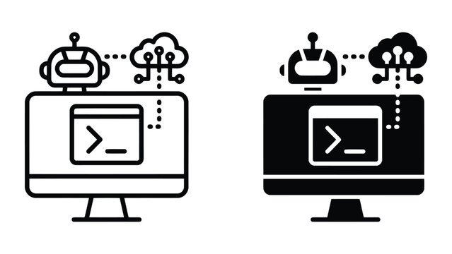 Desktop computer screen with command line interface and robot assistant icon connected to cloud computing network in professional black and white flat vector style for software development