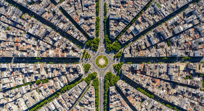 Aerial Top Down View of a Large Urban Roundabout with Radiating Streets and Dense City Architecture in Paris
