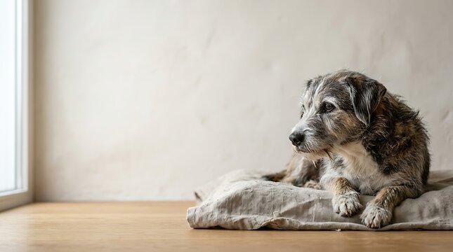 Scruffy mixed breed dog resting on a pillow in a bright room