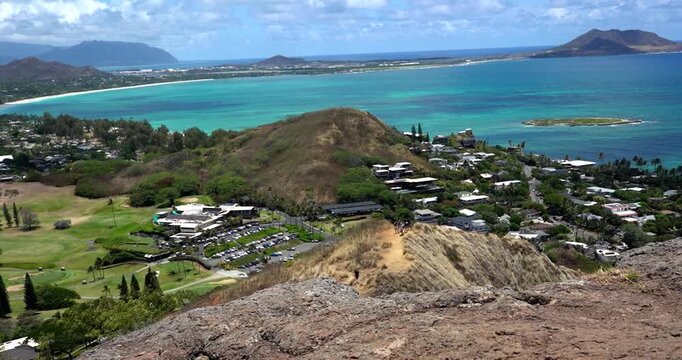 View of Kailua, Hawaii neighborhood and turquoise beach from above