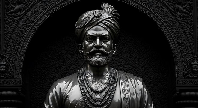 A majestic bust of a regal figure in a turban and ornate attire, looking stern