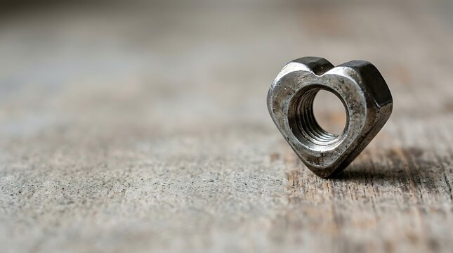Heart shaped industrial metal nut on a weathered wooden surface