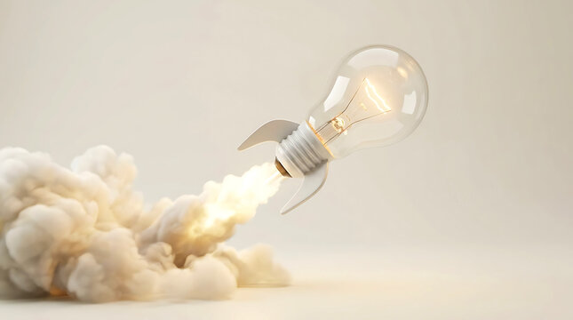 Creative Light Bulb Rocket Launching Idea Concept with Smoke and Glowing Light