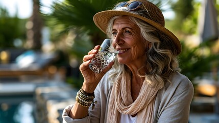 Obraz premium Stilvolle Seniorin genießt Wasser im Freien an einem sonnigen Sommertag