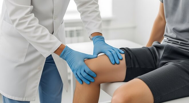 A medical professional in gloves examines a patient's knee in a clinic setting