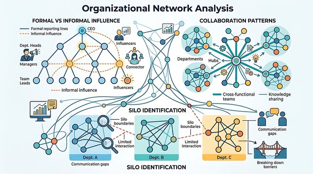 Organizational network analysis mapping collaboration and silos