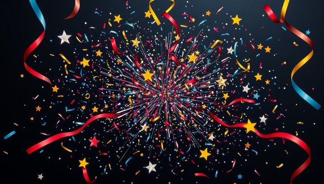 Festive confetti explosion with colorful stars and streamers on a dark background for celebrations