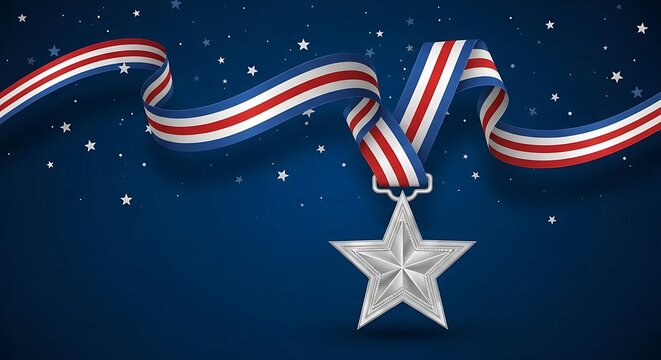 A metallic star medal with a ribbon against a dark blue background with small stars
