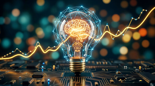 Artificial Intelligence Concept Glowing Light Bulb With Human Brain And Digital Data Growth Chart