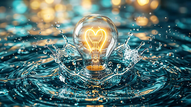 Glowing Heart Shaped Light Bulb Inside Water Splash Concept For Creative Idea And Inspiration