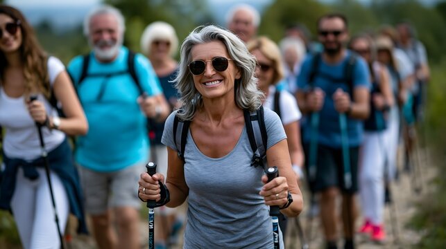 Gruppe aktiver Senioren beim Wandern in der Natur mit Trekkingst&ouml;cken