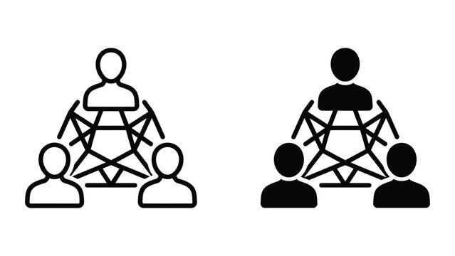 Team collaboration and network connection icon featuring human silhouettes connected in triangular structure in outline and solid black styles for social networking and group communications