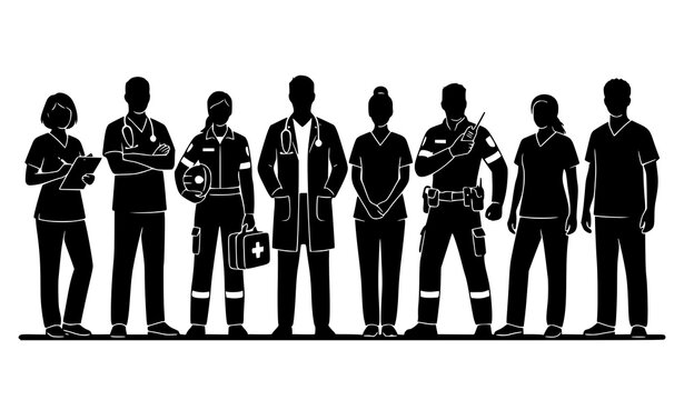 Diverse Healthcare Workers Silhouette Group of Medical Professionals Standing in Unity Flat Vector Design