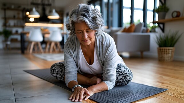 Aktive Seniorin trainiert zu Hause auf Yogamatte f&uuml;r Gesundheit und Beweglichkeit