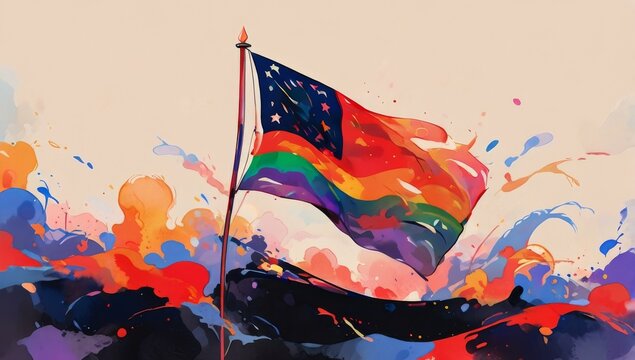 Juneteenth freedom flag waving proudly amidst vibrant abstract paint splashes and artistic colorful background for celebration of emancipation day events