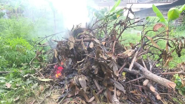 Outdoor trash burning activity featuring bright fire flames and a smoky environment.