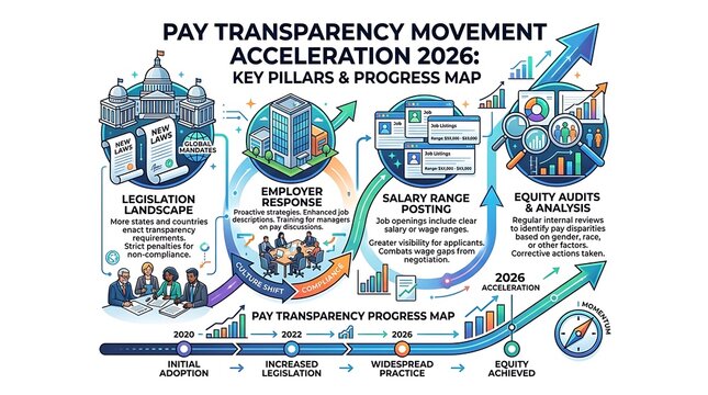 Infographic of the pay transparency movement and equity progress map