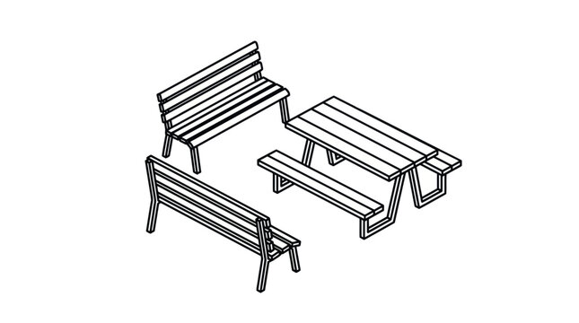 Outdoor wooden bench and picnic table.