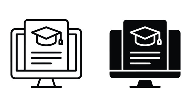Computer monitor displaying document with graduation cap icon for online certification and academic records in dual style vector graphic for educational technology and software design