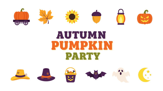 Autumn Pumpkin Party Icons: A festive collection of autumnal and Halloween-themed icons, featuring pumpkins, a sunflower, maple leaf, acorn, lantern, harvest hat, witch hat, candy bucket, bat, ghost.
