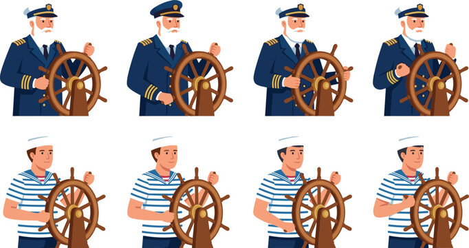 Ship captain and sailor character vector set featuring old captain with white beard and young sailor steering wooden helm wheel in multiple poses.