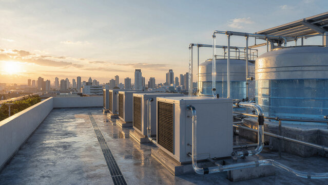 Cooling units and water tanks on a rooftop with city skyline and sunset in background during evening hours