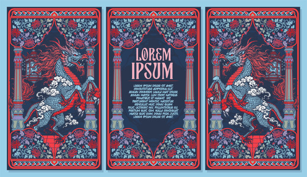 Vintage Chinese Kirin Qilin Frame Template with Oriental Floral Chrysanthemum for Invitation Cover