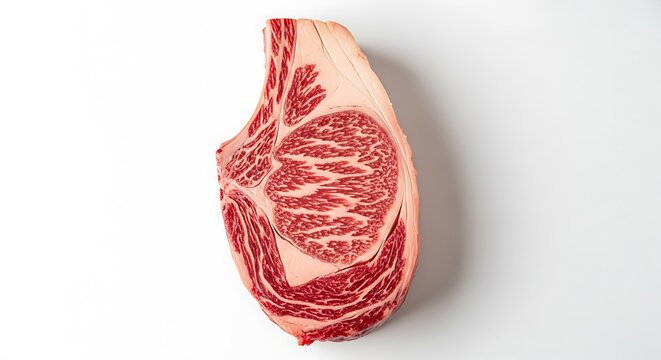 A prime cut of raw meat, showcasing intricate marbling, lies on a white backdrop